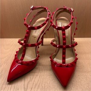 Valentino Rockstud Red Patent Leather Cage Pumps Women's Heels size 38.5